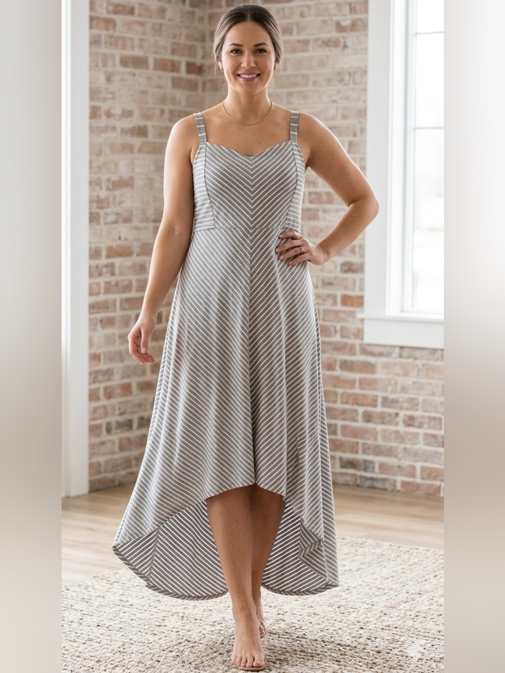 Torrid 2X Gray White Striped High Low Hem Adjustable Spaghetti Strap Vneck Dress